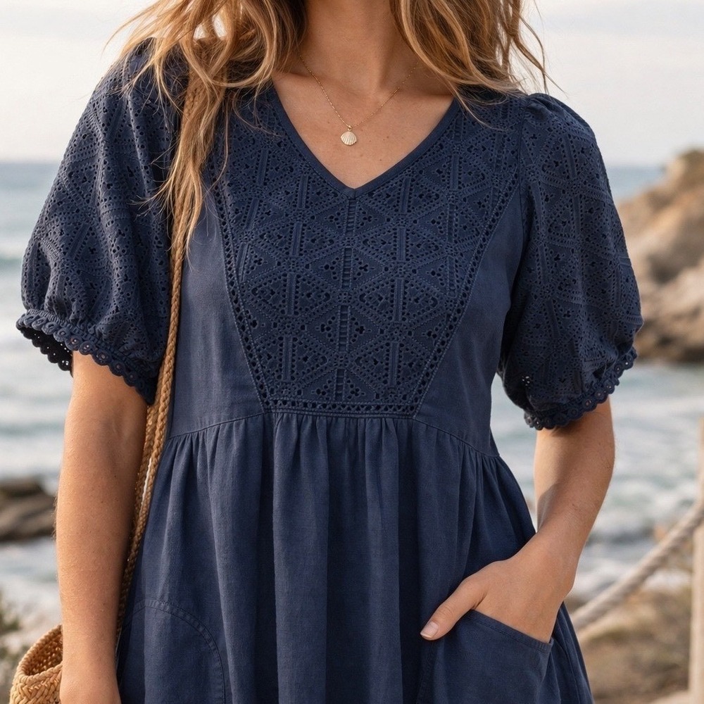 Navy Organic Cotton Eyelet Puff Sleeve Midi Dress M Costal Beach Resort Comfy